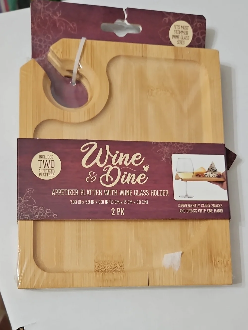 Bamboo Appetizer Platter with Wine Glass Holder - Natural